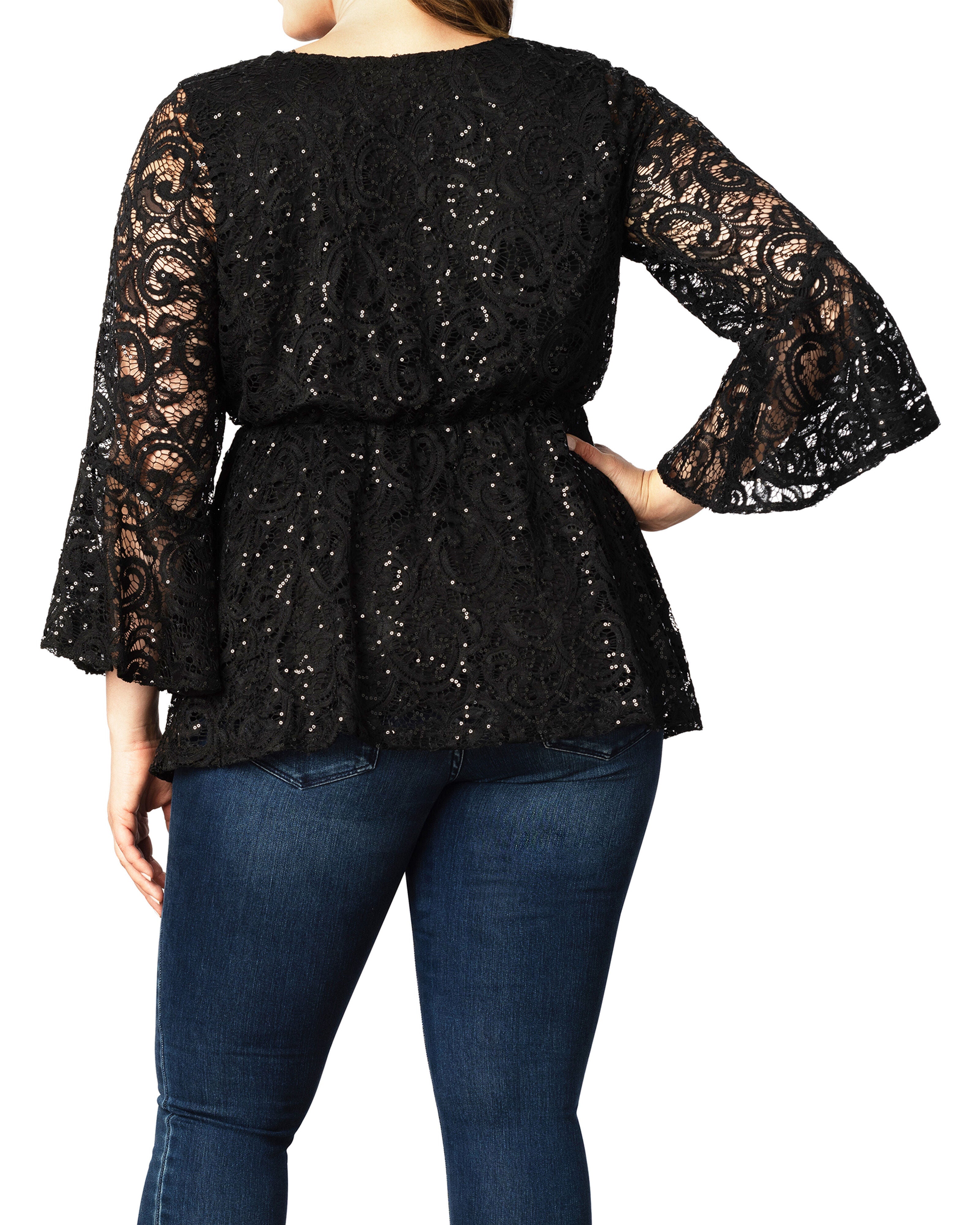 Sequin Sparkle Bell Sleeve Lace Top, ONYX / Black, alternate image number 2