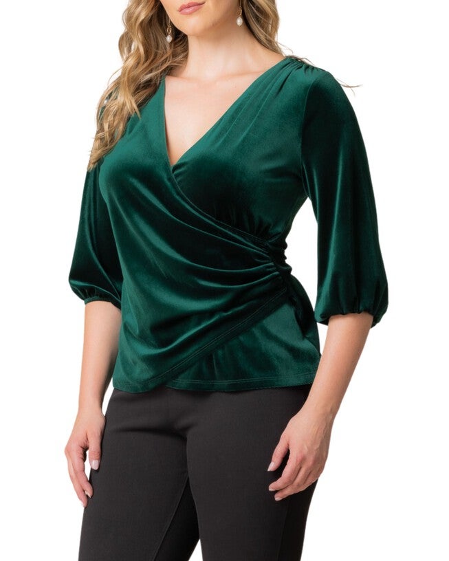 ODETTE VELVET FAUX WRAP TOP, EMERALD GREEN / Hunter Green, alternate image number 3