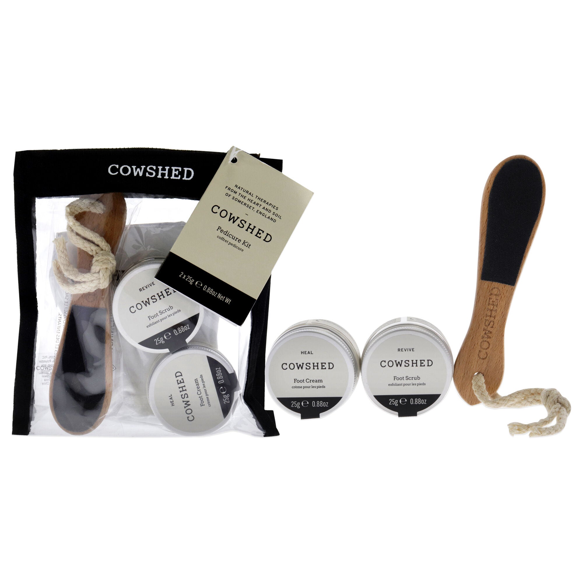 Pedicure Kit by Cowshed for Unisex - 4 Pc 0.88 oz Foot Scrub, 0.88 oz foot Cream, Foot File, Pedicure Socks, See Description, hi-res image number 0
