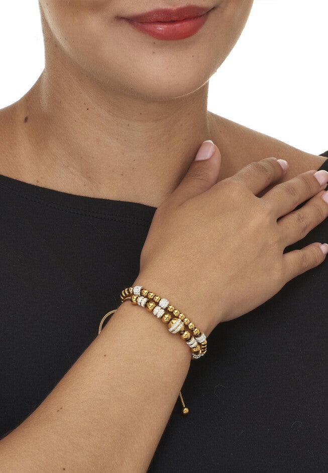 Round Crystal Gold Ion-Plated Stainless Steel Charm Bracelet Set 7-inch, , alternate image number 7