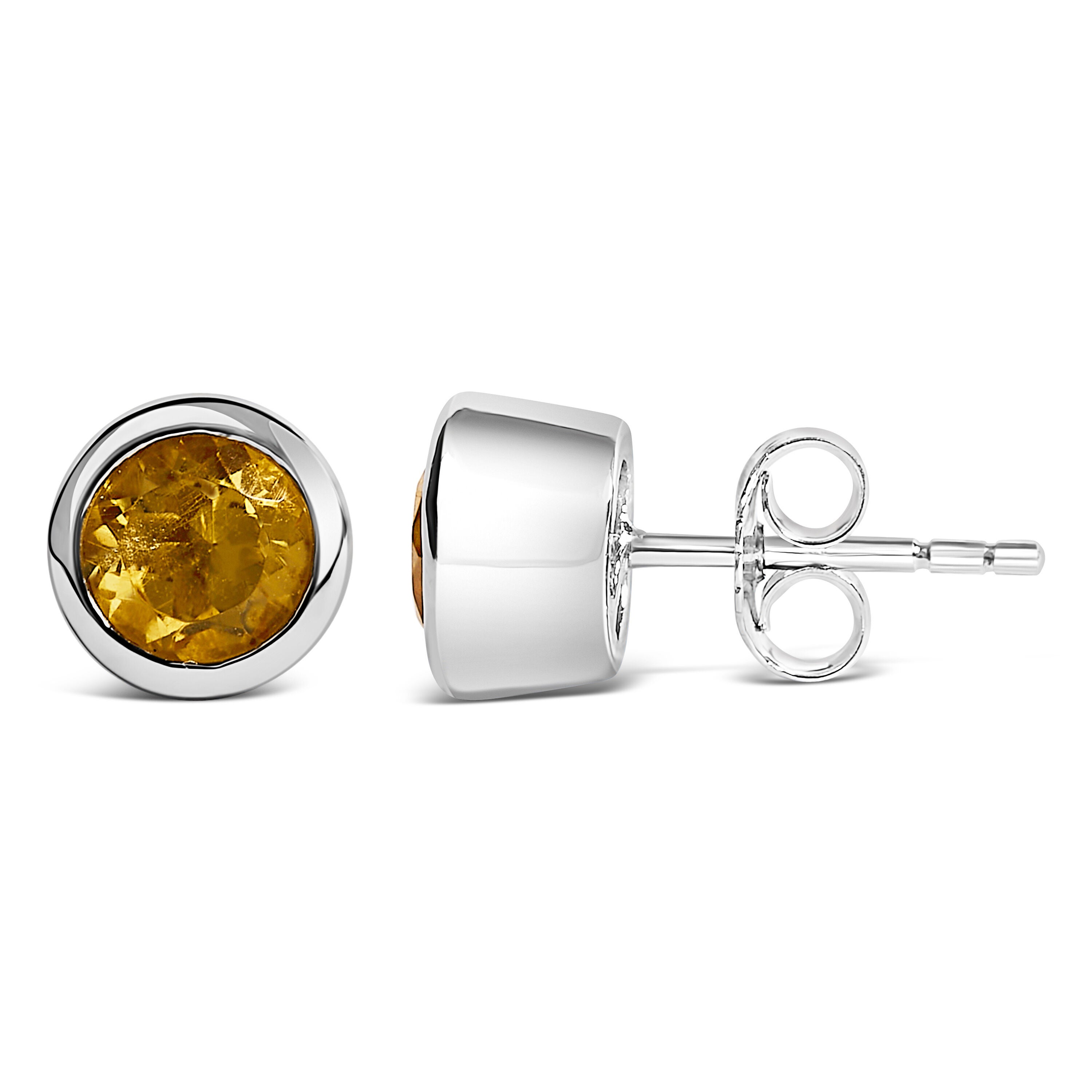 .925 Sterling Silver 6MM Bezel Set Created Yellow Citrine Solitaire Stud Earrings, YELLOW, alternate image number 2