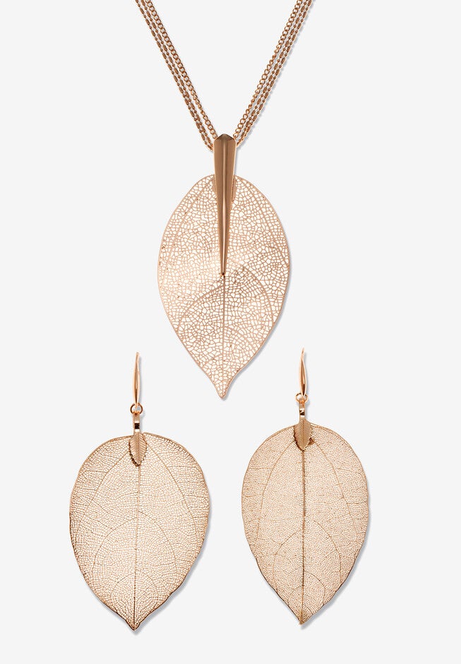 Rose Gold-Plated Leaf Necklace Set, 26 Inches, Plus 2 Inch Extension, ROSE GOLD, hi-res image number 0
