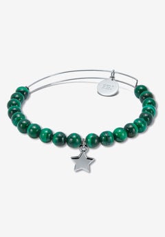 Genuine Green Malachite Silvertone Star Charm Bangle, 7.5 Inches