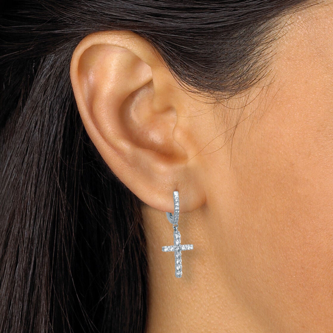 .54 TCW Cubic Zirconia Cross Chram SilvertoneEarrings, WHITE, alternate image number 2