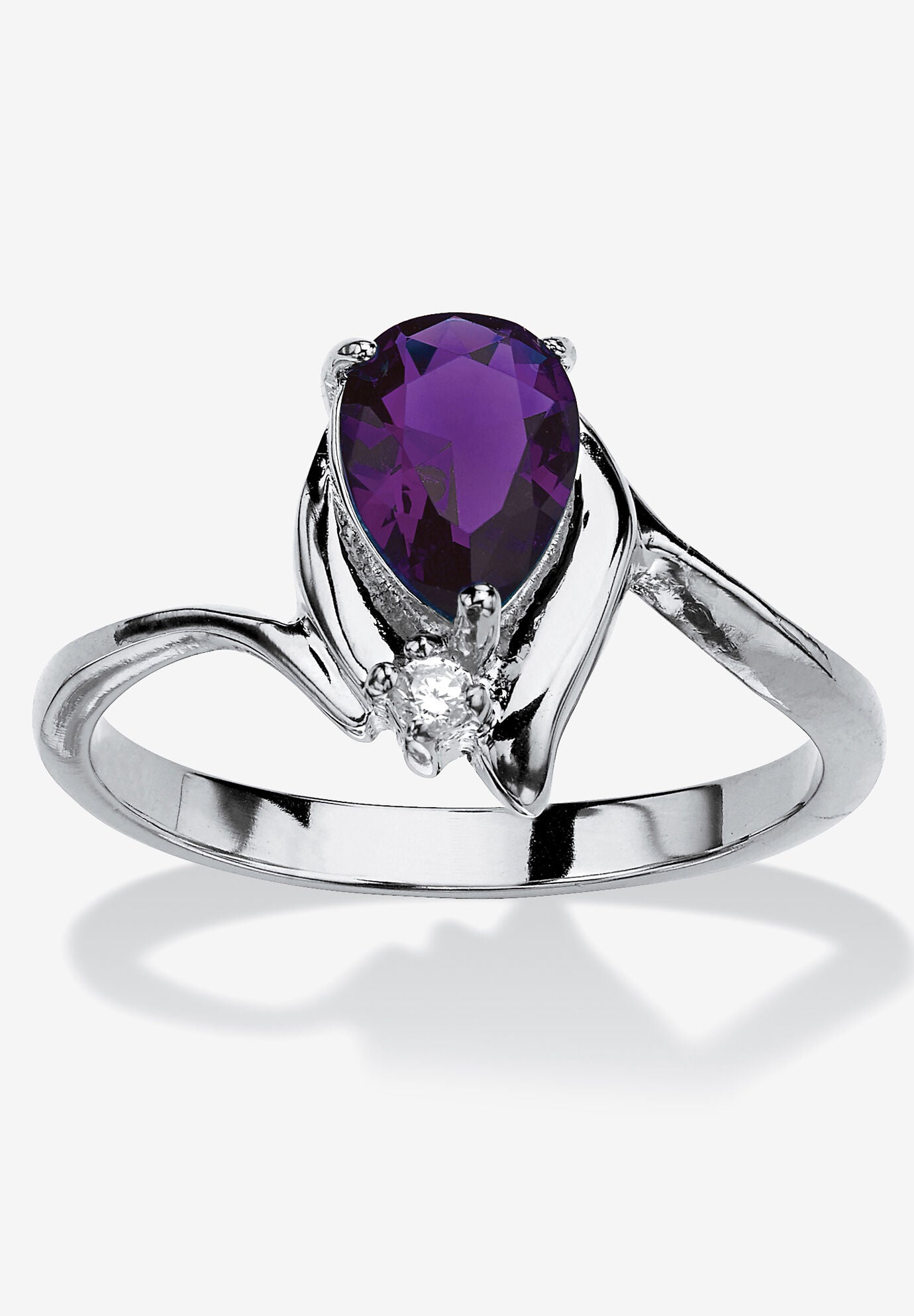 Silvertone Simulated Pear Cut Birthstone And Round Crystal Ring Jewelry, AMETHYST, hi-res image number 0