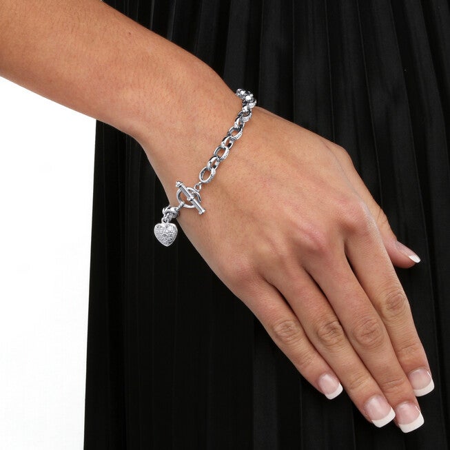 Diamond Accent Heart Charm Bracelet in Platinum-plated Sterling Silver 7.25 inches, WHITE, alternate image number 2