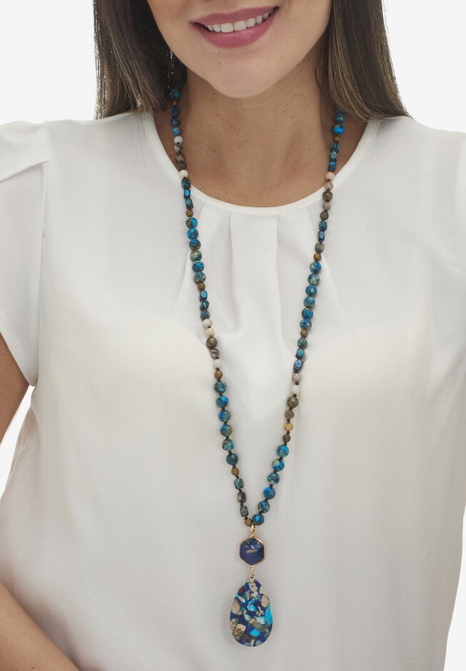 Genuine Blue Agate Goldtone Beaded Drop Pendant Necklace 34-Inch, , alternate image number null