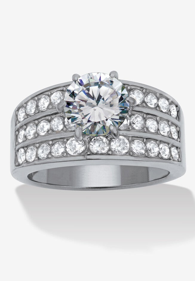 3.18 Tcw Round Cz Stainless Steel Three Row Pave Engagement Ring, SILVER, hi-res image number 0