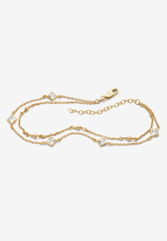 1.85 Cttw. Princess-Cut Cubic Zirconia Gold-Plated Silver Ankle Bracelet 11 inches Jewelry, CUBIC ZIRCONIA, hi-res image number null