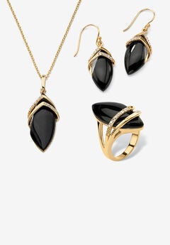 Yellow Gold-Plated Marquise Shaped Onyx And Round Ring Cubic Zirconia (1/2 Cttw) Jewelry
