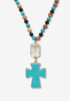 Genuine Turquoise Jasper And Multicolor Agate Beaded Cross Necklace 40 Inch