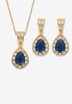 8.63 Tcw Simulated Blue Sapphire And Cz Goldtone Earrings And Necklace Set 15"