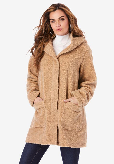 Hooded Textured Fleece Coat, SOFT CAMEL, hi-res image number null