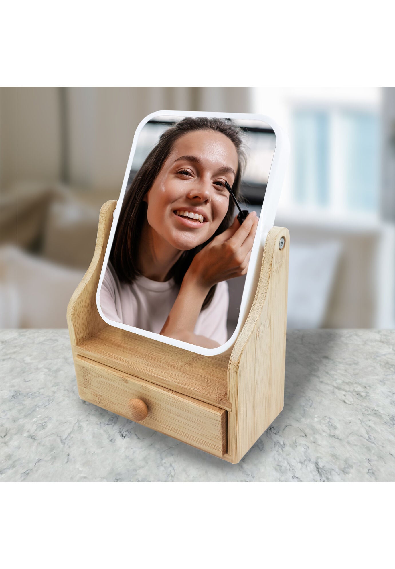 Dual Sided Mirror With Organizer Tray, Bamboo Base Drawer &bull; 360&deg; Rotation &bull; 5X/ 1X Magnification, , on-hover image number 1