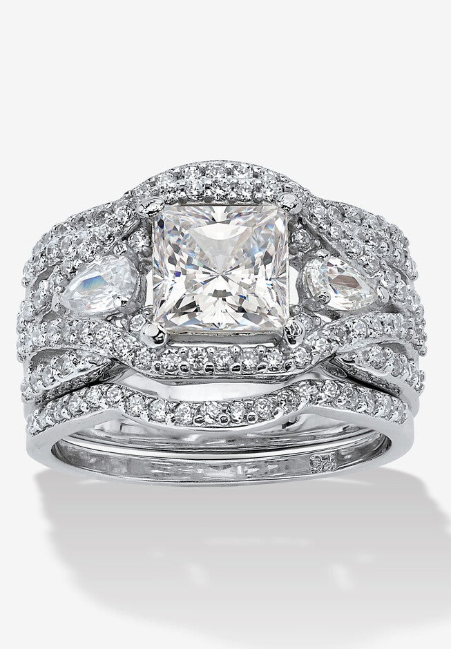 2.82 Tcw Cz Platinum-Plated Sterling Silver 3-Piece Highway Bridal Ring Set, SILVER, hi-res image number 0