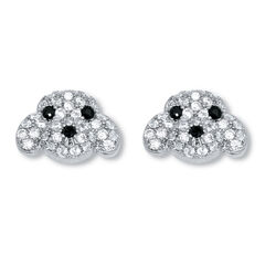 Round Black and White Crystal Silvertone Dog Earrings