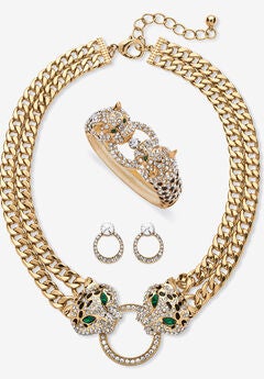 Gold Tone Leopard Collar Necklace, Earring and Bracelet Set