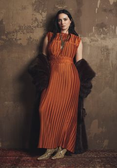 Boatneck Plisse Cap-Sleeve Maxi Dress