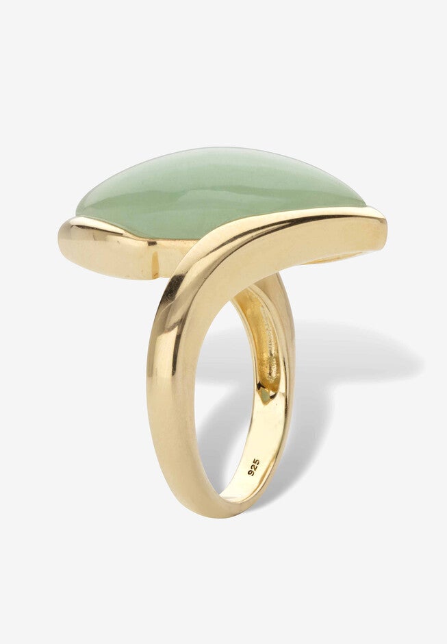 Marquise-Cut Genuine Green Jade Gold-Plated Sterling Silver Cabochon Bypass Ring, , on-hover image number null