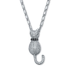 Round Crystal Silvertone Cat Pendant Necklace 20 to 22-inch