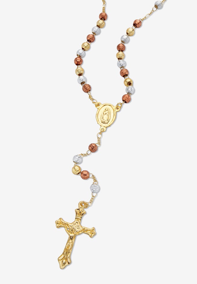 Tri Tone Goldtone Beaded Rosary Style Necklace (5Mm), 20 Inches Jewelry, WHITE, hi-res image number null