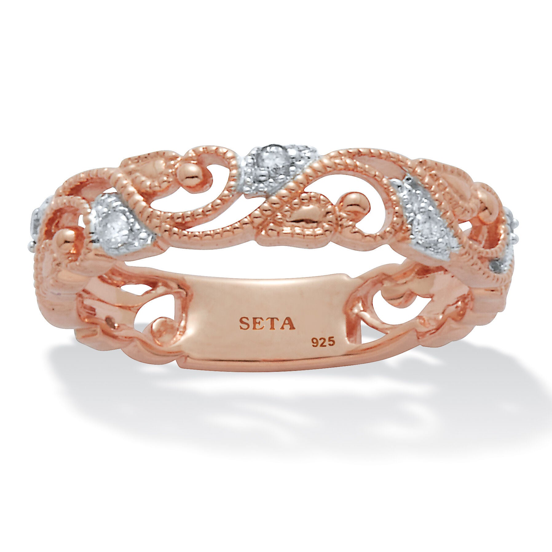 .11 TCW Diamond Rose-Plated Sterling Silver Filigree Ring, WHITE, hi-res image number 0