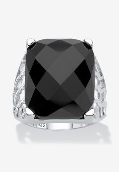 Sterling Silver Natural Black Onyx Checkerboard Cut Ring