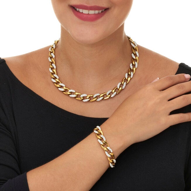 Round Crystal Gold Ion-Plated Stainless Steel Link Necklace Set 18 to 20-inch, WHITE, alternate image number 2