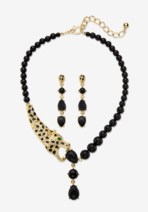 Gold Tone 2 Piece Set Leopard Necklace and Earring Set,Onyx, 18", ONYX, hi-res image number null