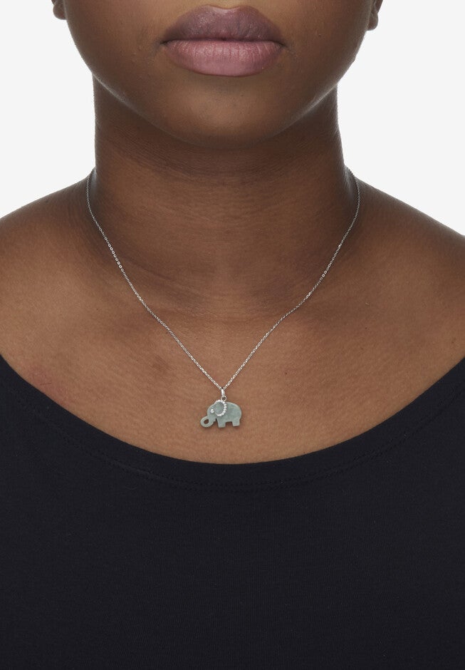 Genuine Green Jade Cz Silvertone Elephant Pendant Necklace, 18 Inch Chain, , alternate image number 2