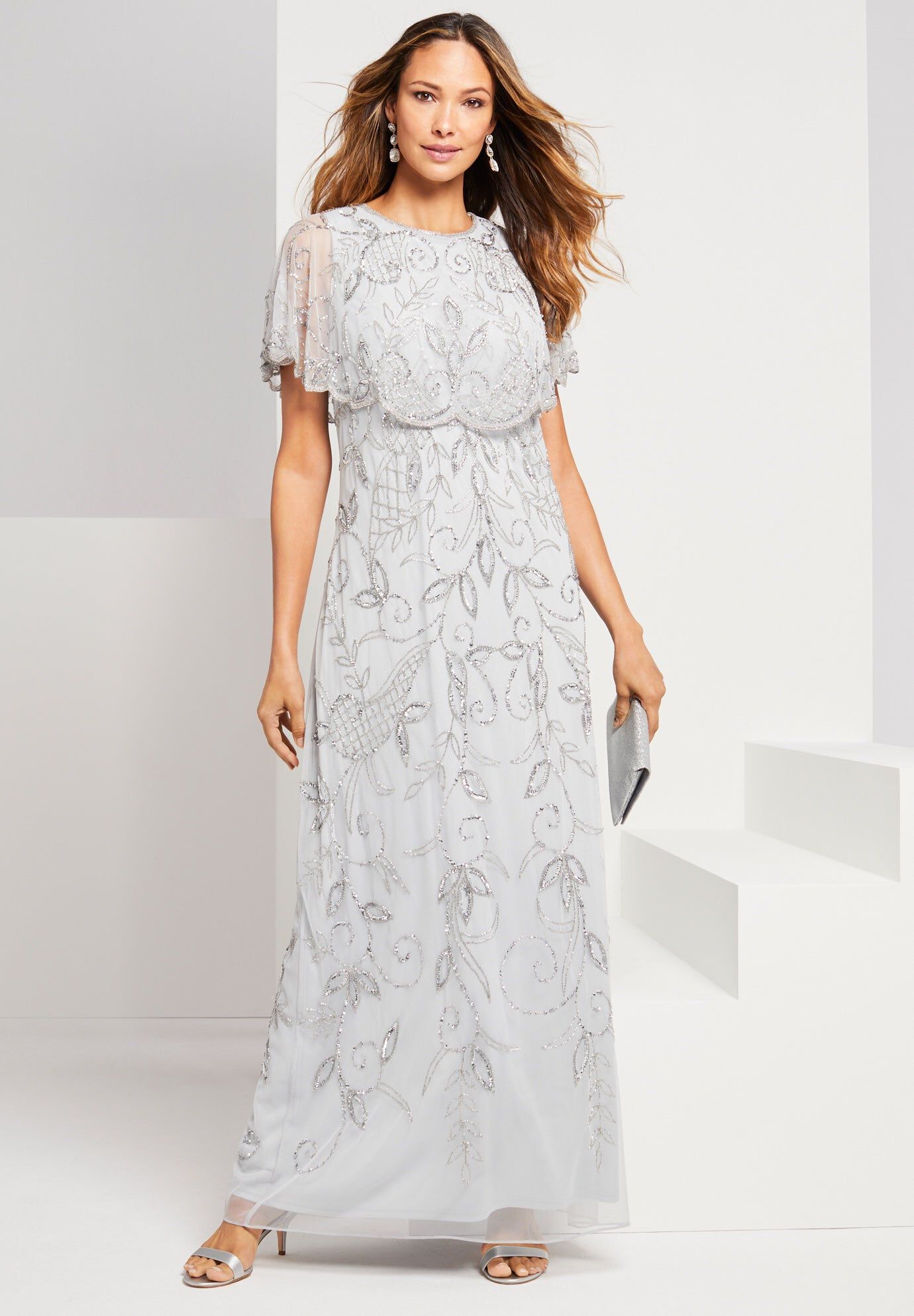 Plus Size Beaded Capelet Maxi Gown &ndash; Glam Evening Dress