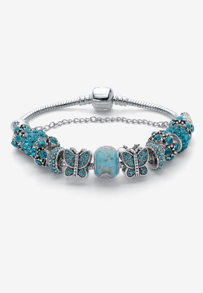 Blue Crystal Silvertone Bali Style Butterfly & Star Bracelet 8 inches Length, BLUE, hi-res image number 0
