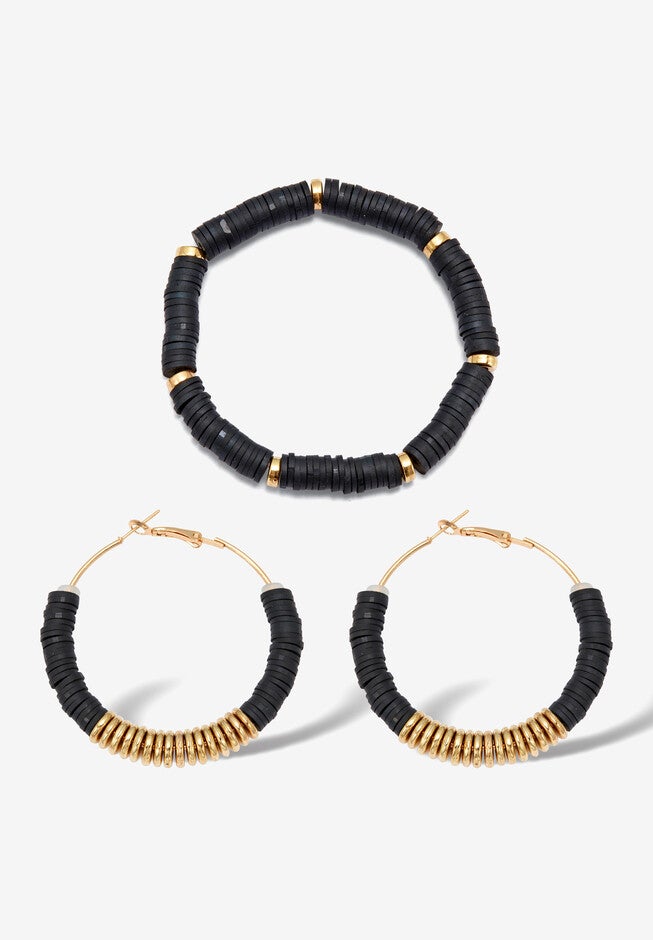 Black Disc Beaded Goldtone Hoop Earrings And Stackable Stretch Bracelet Set, , on-hover image number 1