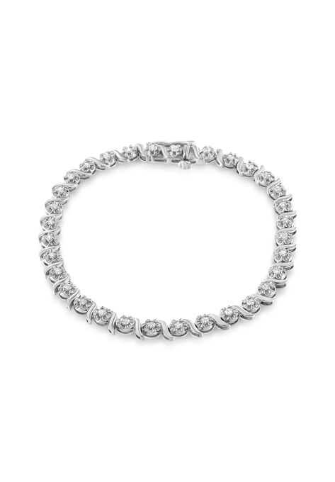 Sterling Silver Diamond Spiral Wave Curvedlink Tennis Bracelet, WHITE, hi-res image number null