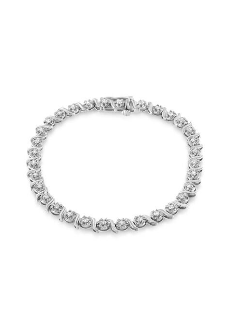 Sterling Silver Diamond Spiral Wave Curvedlink Tennis Bracelet, WHITE, hi-res image number null