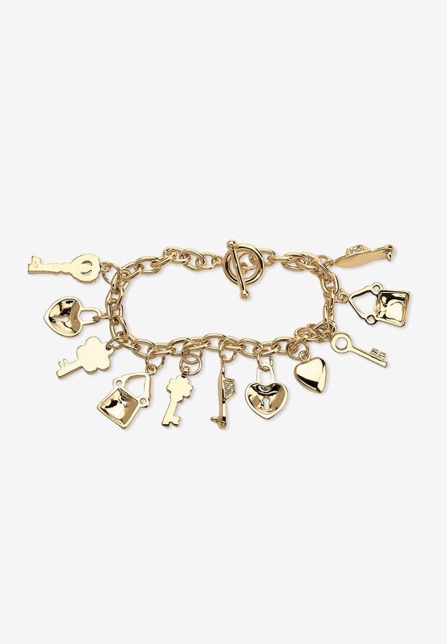 Gold-Plated Shoe,Purse,Heart Lock And Key Charm Bracelet, Crystal 7.5 inches, , on-hover image number 1