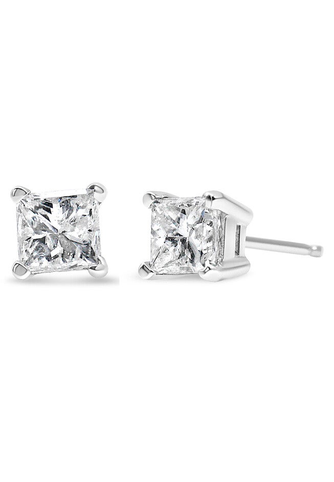 Princesscut Square Diamond 4Prong Solitaire Stud Earrings In White Gold (H-I Color), WHITE, hi-res image number null
