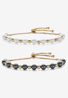 Simulated White And Grey Pearl Goldtone Adjustable Bolo Bracelet Bogo Set 11"