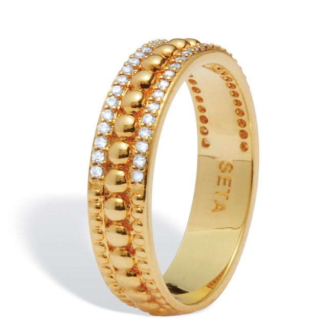 Triple Row Yellow Gold-Plated Round Crystal Band Ring, WHITE, on-hover image number null