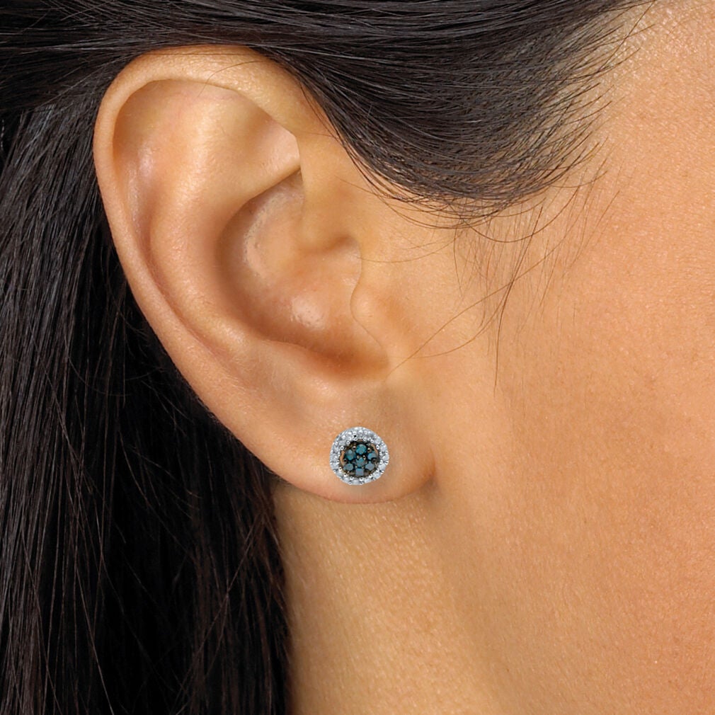 .49 TCW Blue Diamond Sterling Silver Halo Stud Earrings (3/10 inch), BLUE, alternate image number 2