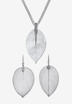 Silvertone Leaf Necklace And Drop Earrings Set, 26 Inches, Plus 2 Inch Extension