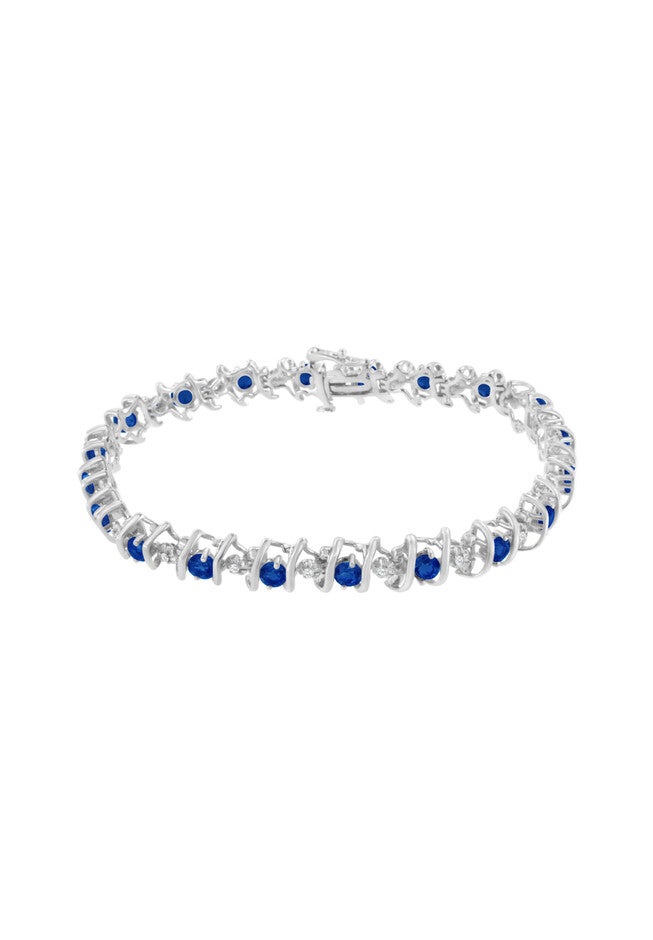 Sterling Silver Gemstone & Round Diamond Tennis Bracelet Blue Sapphire September Birthstone, , on-hover image number 1