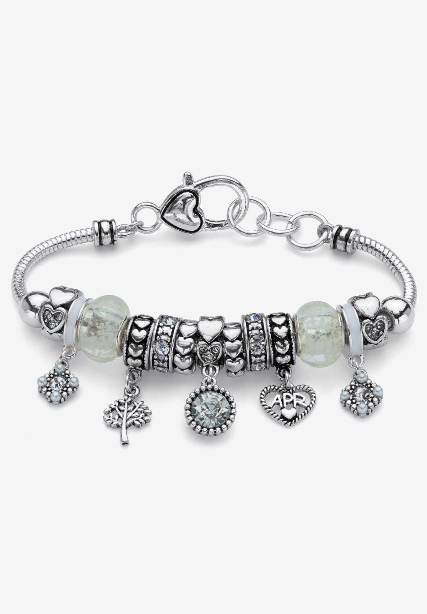 Antiqued Silvertone Simulated Birthstone 8 inches Charm Bracelet, APRIL, hi-res image number 0