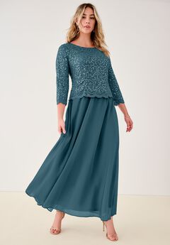 Plus Size Sequin Lace Three Quarter Sleeve A-Line Gown