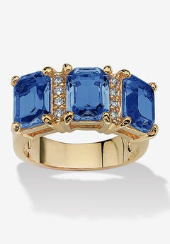 Yellow Gold-Plated Emerald Cut 3 -Stone Simulated Birthstone & CZ Ring