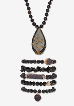 Natural Black Onyx And Genuine Agate Goldtone Necklace And Bracelet Set, 34 Inch