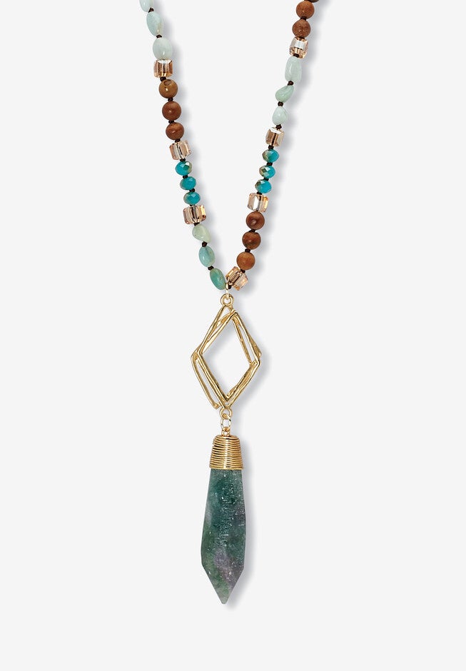 Genuine Blue Agate And Brown Agate Beaded Goldtone Drop Necklace, 34-Inch Length, BLUE, hi-res image number 0