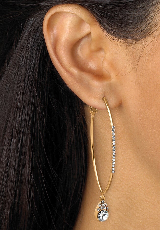 White Crystal Goldtone Hoop Teardrop Earrings (1.5 inches), , alternate image number 2