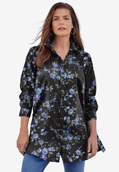 Plus Size Kate Long Sleeve Tunic Easy Cotton-Blend Button-Front Shirt