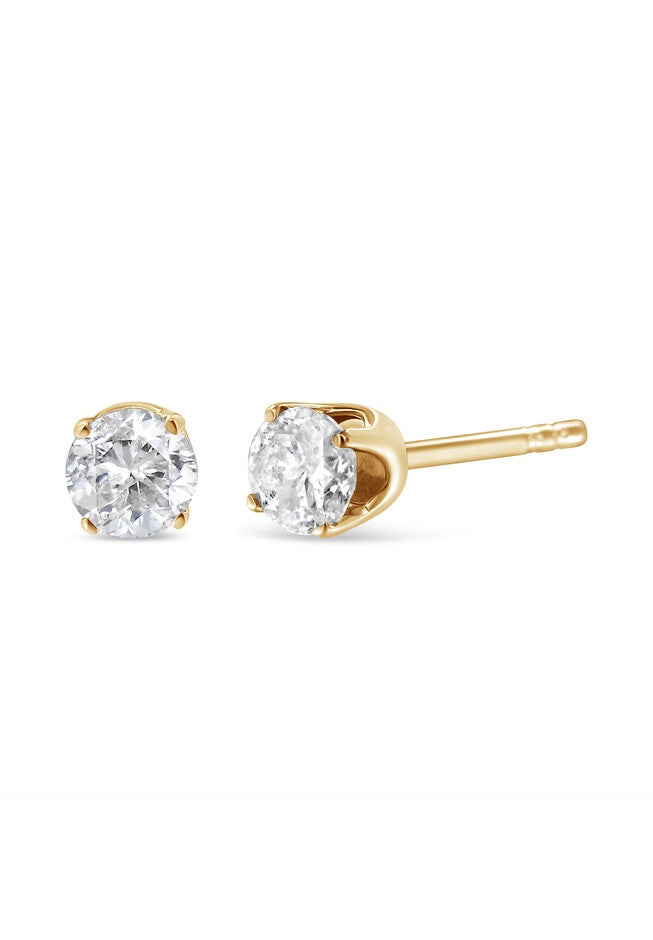 Round Brilliantcut Diamond Yellow Gold Classic 4Prong Solitaire Stud Earrings, YELLOW GOLD, hi-res image number 0